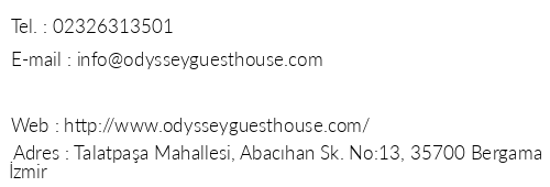 Odyssey Guest House telefon numaralar, faks, e-mail, posta adresi ve iletiim bilgileri